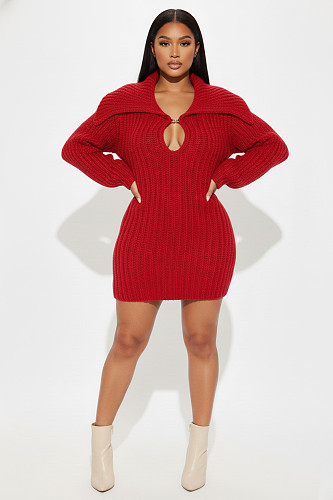 Winter Large Lapel Slim Fit Stretch Lantern Sleeve Sweater Dress NY-110