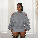 Autumn and Winter Pullover Round Neck Cut-off Sleeves Hollow Sweatshirt Cross Hip Skirt Suit XYWL-25ST332