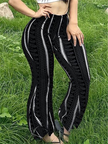 Casual Contrast Stripe Design Elastic Loose Bootcut Trousers XS-25L799