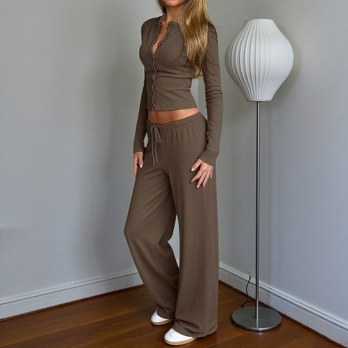 Casual Waist Knitted Long-sleeved Top and Loose Trousers Set SUM-25511