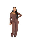 Solid Color Long Sleeve Bodysuit Comfortable Lace-Up Straight Pants Set PMR-800