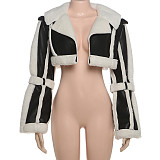 Vintage Leather Patchwork Casual Loose Lapel Long-sleeved Jacket ZJQD-75271