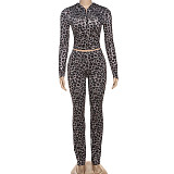 Fashionable Hooded Leopard Print Long-sleeved Sports Slim Trousers Two-piece Set DLS-82117
