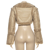 Vintage Leather Patchwork Casual Loose Lapel Long-sleeved Jacket ZJQD-75271