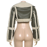 Vintage Leather Patchwork Casual Loose Lapel Long-sleeved Jacket ZJQD-75271