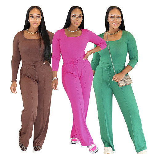 Solid Color Long Sleeve Bodysuit Comfortable Lace-Up Straight Pants Set PMR-800