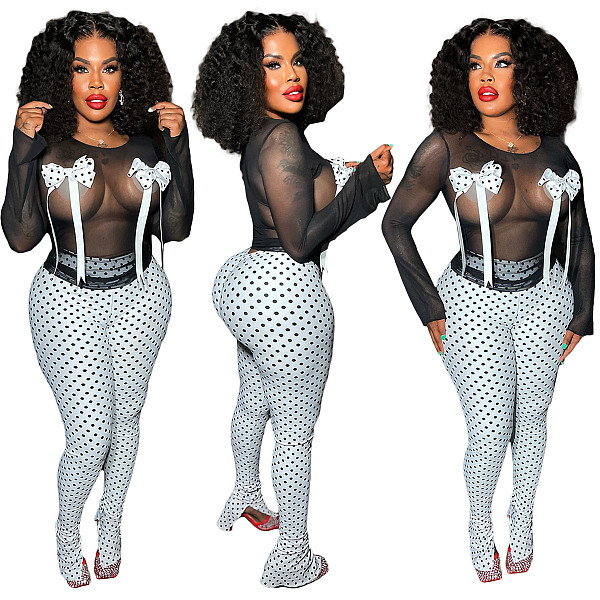 Sexy Transparent Mesh Bow Spotted Print Split Trousers Two-piece Sets YNS-2655