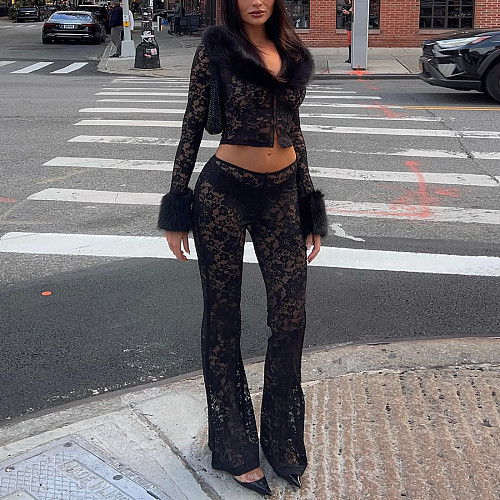Fashionable Printed Fur Collar Lace Stitching Sexy See-through Trousers Two-piece Set DLS-82350