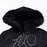Furry Long-sleeved Zippered Sweatshirt Jacket and Rhinestone Sweatpants Two-piece Set MRA-37916