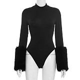 Semi-high Round Neck Solid Color Long-sleeved Fur Patchwork Slim Fit Jumpsuit XYWL-25BS341