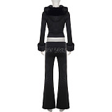 Furry Long-sleeved Zippered Sweatshirt Jacket and Rhinestone Sweatpants Two-piece Set MRA-37916