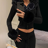 Furry Long-sleeved Zippered Sweatshirt Jacket and Rhinestone Sweatpants Two-piece Set MRA-37916