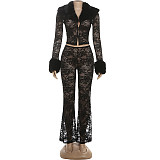 Fashionable Printed Fur Collar Lace Stitching Sexy See-through Trousers Two-piece Set DLS-82350