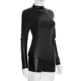 Autumn and Winter Half-high Collar Zipper Slit Leather Jacket High Waist Hip Shorts Suit XYWL-25ST331