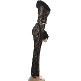 Fashionable Printed Fur Collar Lace Stitching Sexy See-through Trousers Two-piece Set DLS-82350