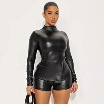 Autumn and Winter Half-high Collar Zipper Slit Leather Jacket High Waist Hip Shorts Suit XYWL-25ST331