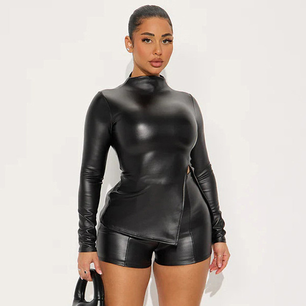 Autumn and Winter Half-high Collar Zipper Slit Leather Jacket High Waist Hip Shorts Suit XYWL-25ST331