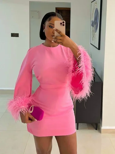 Elegant Square Neck Ostrich Feather Long-sleeved Ladylike Dress RS-5847