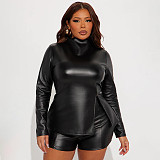 Autumn and Winter Half-high Collar Zipper Slit Leather Jacket High Waist Hip Shorts Suit XYWL-25ST331