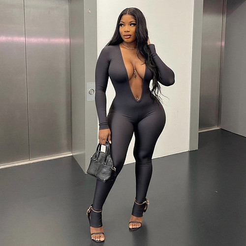 Sexy Backless Deep V Long-sleeved Solid Color Bodysuit SXE-80024