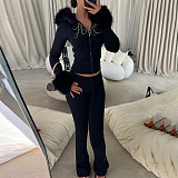 Furry Long-sleeved Zippered Sweatshirt Jacket and Rhinestone Sweatpants Two-piece Set MRA-37916