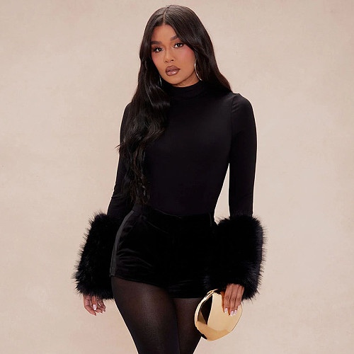 Semi-high Round Neck Solid Color Long-sleeved Fur Patchwork Slim Fit Jumpsuit XYWL-25BS341