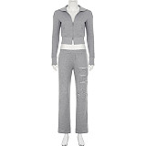 Casual Raw-Edge Zippered Cardigan Long-Sleeved Sweatshirt Jacket Elastic Sweatpants Set MRA-38407