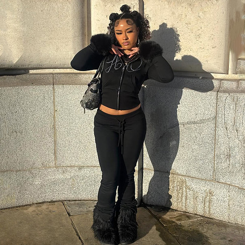Furry Long-sleeved Zippered Sweatshirt Jacket and Rhinestone Sweatpants Two-piece Set MRA-37916
