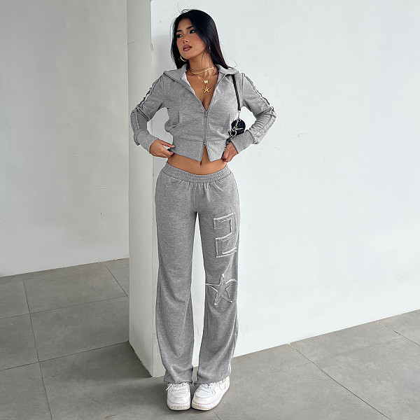 Casual Raw-Edge Zippered Cardigan Long-Sleeved Sweatshirt Jacket Elastic Sweatpants Set MRA-38407