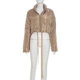 Autumn and Winter Stand-up Collar Zipper Pocket Waist Elastic Cord Solid Color Cotton Jacket XYWL-25TP285