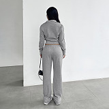 Casual Raw-Edge Zippered Cardigan Long-Sleeved Sweatshirt Jacket Elastic Sweatpants Set MRA-38407