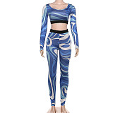 Fashion Digital Print Tight Navel-baring Trousers Suit