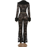 Fashionable Printed Fur Collar Lace Stitching Sexy See-through Trousers Two-piece Set DLS-82350