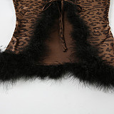 Sexy New Furry Patchwork Lace-up Cardigan Long-sleeved Top Leopard Print Skirt Suit MRA-25777
