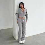 Casual Raw-Edge Zippered Cardigan Long-Sleeved Sweatshirt Jacket Elastic Sweatpants Set MRA-38407