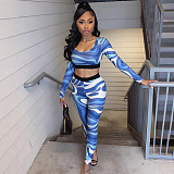 Fashion Digital Print Tight Navel-baring Trousers Suit