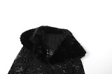 Fashionable Printed Fur Collar Lace Stitching Sexy See-through Trousers Two-piece Set DLS-82350