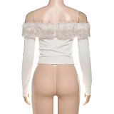 One-shoulder Fur Patchwork Contrast Color Long-sleeved T-shirt Top (with transparent shoulder straps) SXE-82448 SXE-82448