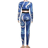 Fashion Digital Print Tight Navel-baring Trousers Suit