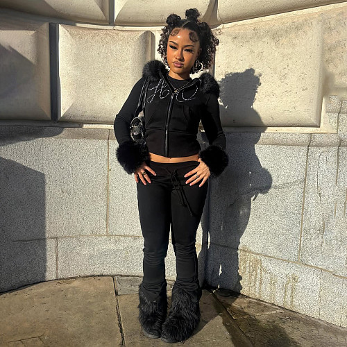 Furry Long-sleeved Zippered Sweatshirt Jacket and Rhinestone Sweatpants Two-piece Set MRA-37916