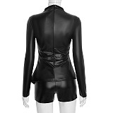 Autumn and Winter Half-high Collar Zipper Slit Leather Jacket High Waist Hip Shorts Suit XYWL-25ST331