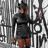 Autumn and Winter Half-high Collar Zipper Slit Leather Jacket High Waist Hip Shorts Suit XYWL-25ST331