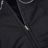 Furry Long-sleeved Zippered Sweatshirt Jacket and Rhinestone Sweatpants Two-piece Set MRA-37916
