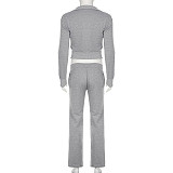 Casual Raw-Edge Zippered Cardigan Long-Sleeved Sweatshirt Jacket Elastic Sweatpants Set MRA-38407