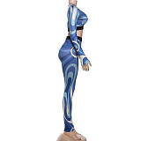 Fashion Digital Print Tight Navel-baring Trousers Suit