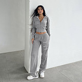 Casual Raw-Edge Zippered Cardigan Long-Sleeved Sweatshirt Jacket Elastic Sweatpants Set MRA-38407