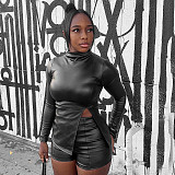 Autumn and Winter Half-high Collar Zipper Slit Leather Jacket High Waist Hip Shorts Suit XYWL-25ST331