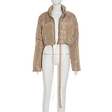 Autumn and Winter Stand-up Collar Zipper Pocket Waist Elastic Cord Solid Color Cotton Jacket XYWL-25TP285