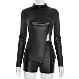 Autumn and Winter Half-high Collar Zipper Slit Leather Jacket High Waist Hip Shorts Suit XYWL-25ST331