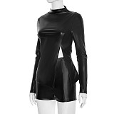 Autumn and Winter Half-high Collar Zipper Slit Leather Jacket High Waist Hip Shorts Suit XYWL-25ST331